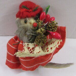 Original Fur Toys Mouse West Germany 2" Christmas Mouse w/Bouquet Vtg Real Fur